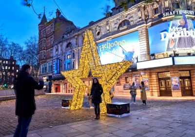 people taking pictures with a giant lighting star in front of a theatre