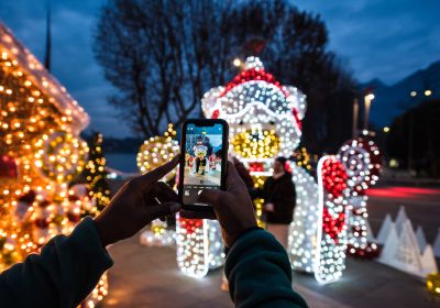 giant white bear with people taking pictures