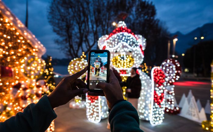 giant white bear with people taking pictures