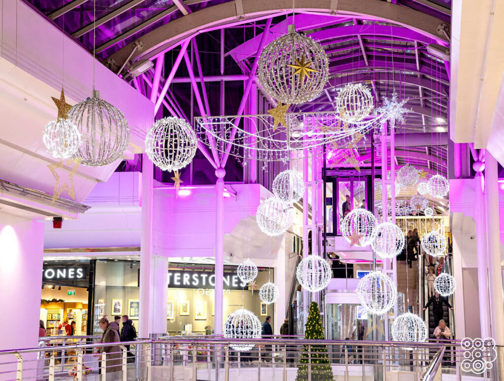 hanging light decorations inside a shopping centre
