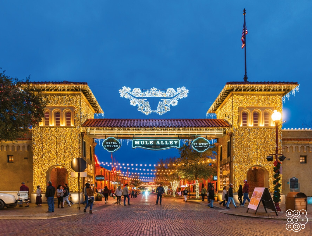 builing facades decorated with Christmas lights