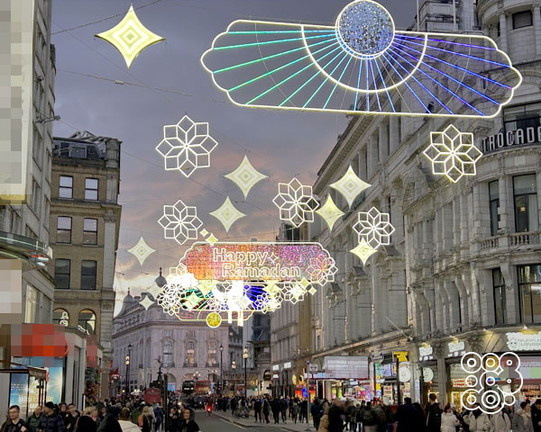 Ramadan thematic led light decorations in a crowed street